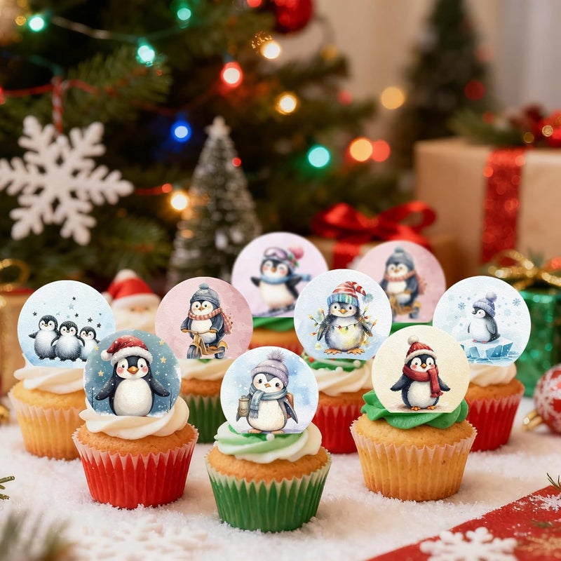 Fyeoxle 36PCS Edible Penguins Cupcake Toppers Wafer Paper Winter Penguin Cupcake Picks for Holiday Theme Christmas Party Baby Shower Birthday Supplies - Image 5